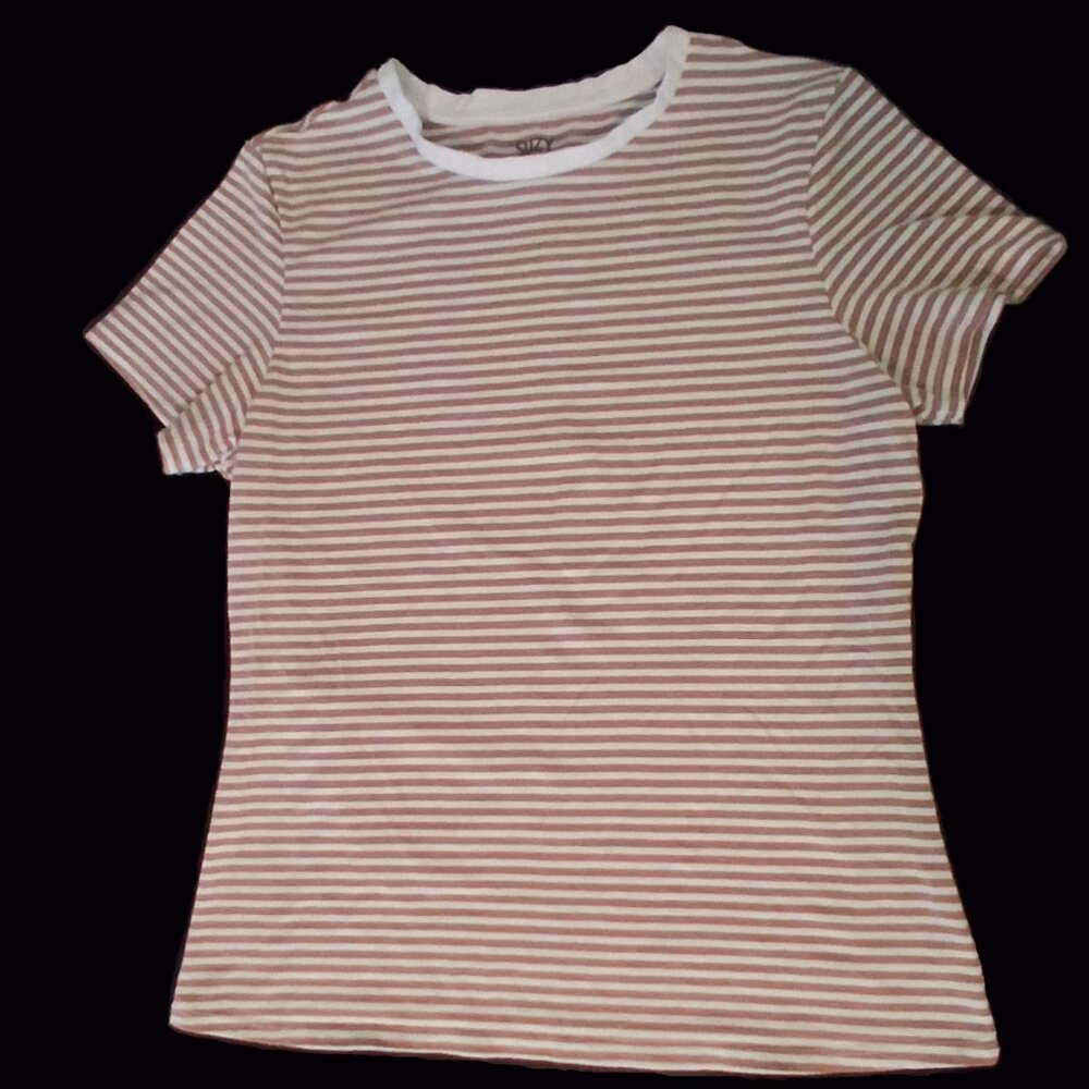 Suzy Shier T-Shirt, Short Sleeve, Striped White and Tan, Fitted, Small